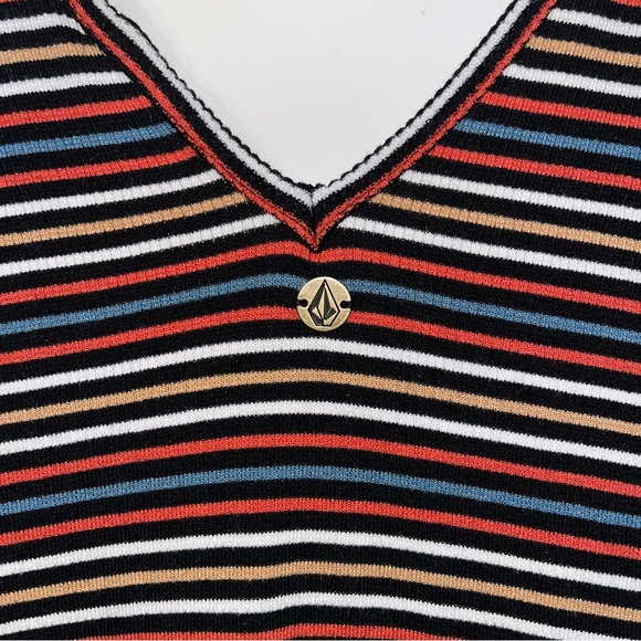 VOLCOM Strype Hype Bodysuit woman's size medium multi color striped deep v neck - Picture 12 of 14